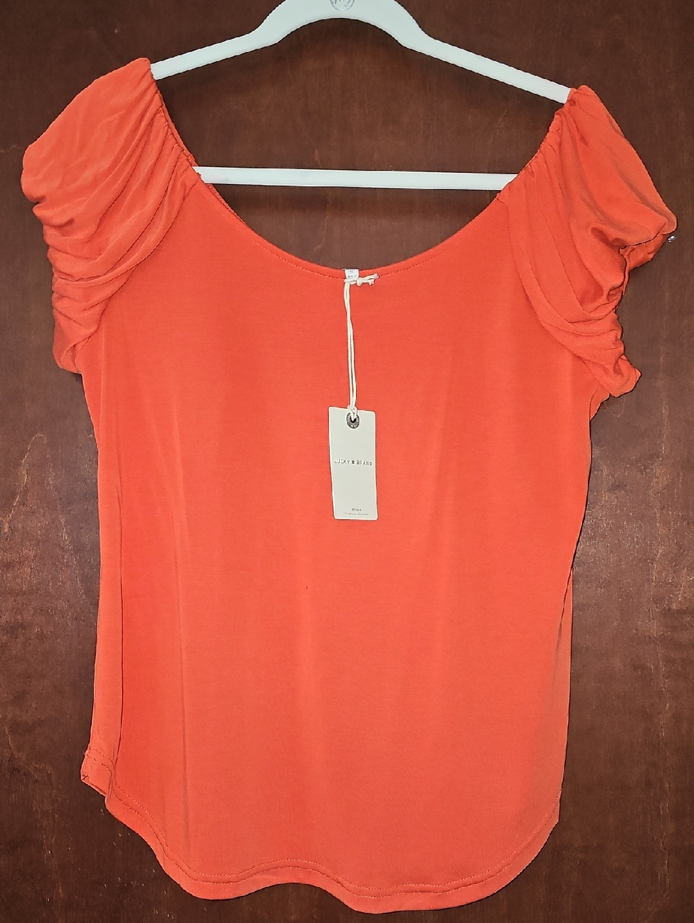Lucky Brand Orange Ruched Short Sleeve Scoop Neck Top